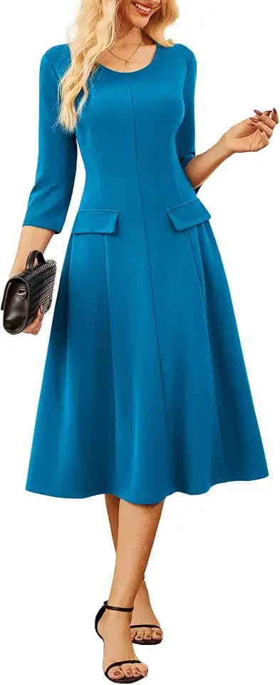 GRACE KARIN 2025 Elegant Work Dresses for Women 3/4 Sleeve Midi Formal Flared Swing Dress Turquoise Blue M