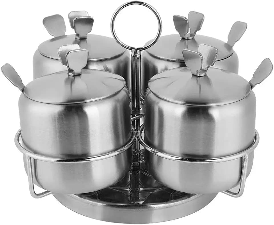 Topyond Stainless Steel Revolving Spice Jar Set, 4-Piece with Spoon Lids