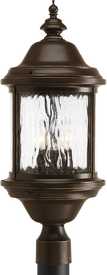 Progress Lighting Ashmore Collection 3-Light Water Seeded Glass New Traditional Outdoor Post Lantern Light Antique Bronze