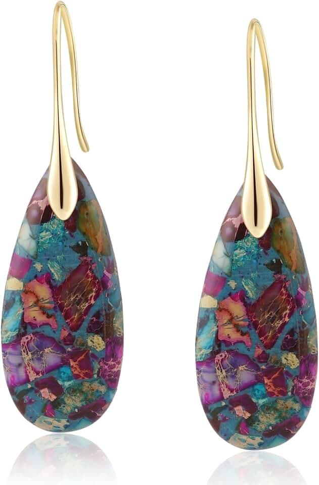 Sriomu Natural Healing Stone Fishhoop Dangle Drop Earrings Statement Gold silver earrings