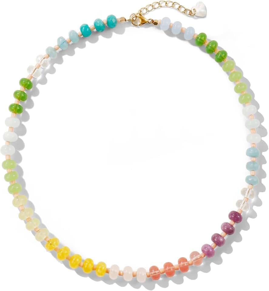 Gemstone Beaded Necklace for Women Colorful Natural Stone Freshwater Pearl Surfer Beach Rainbow Necklace Jewelry Gift
