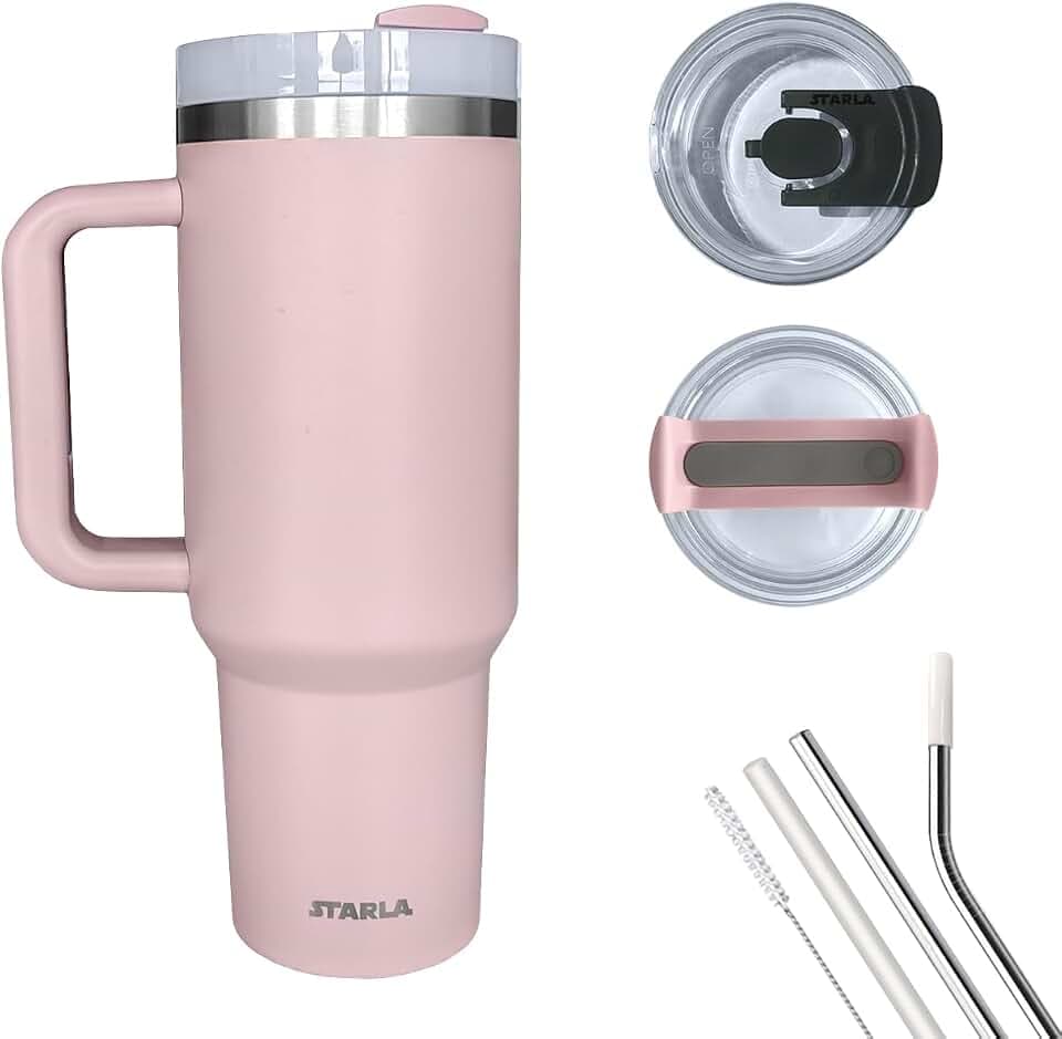 Starla Thermobecher mit Strohhalm und Henkel 1,2l groß, 2 Deckel, auslaufsicher, Edelstahl Isolierbecher Kaffeebecher To Go Wasserbecher Getränkebecher Reisebecher Trinkbecher mit Griff (S Rosy Brown)