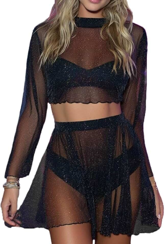 Glitzerndes Oberteil und Rock Schwarzes Party Nachtclub Kleid Set Funkelndes Festival Outfit für Damen