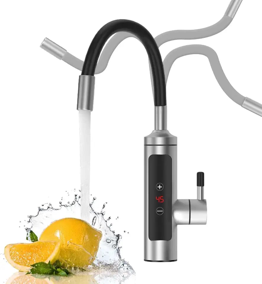 Weigudoc 3000W Edelstahl Elektrische Heizung Wasserhahn, Elektrische Küchenarmatur Durchlauferhitzer mit LCD Temperaturanzeige und Flexibler Hals, 360° Drehbar Warmwasserhahn für Küche Bad (EU)