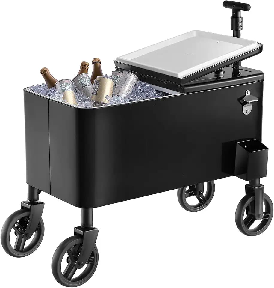 VEVOR 80 Quart Rolling Ice Chest Cart, with 2-Stage Telescopic Pull Handle and 2 Swivel Casters, Portable Table Beach Patio Party Bar Cold Drink Beverage, Outdoor Park Cart on Wheels, Black