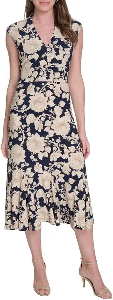 Tommy Hilfiger Women's Cap Sleeve V Neck Empire Midi Dress