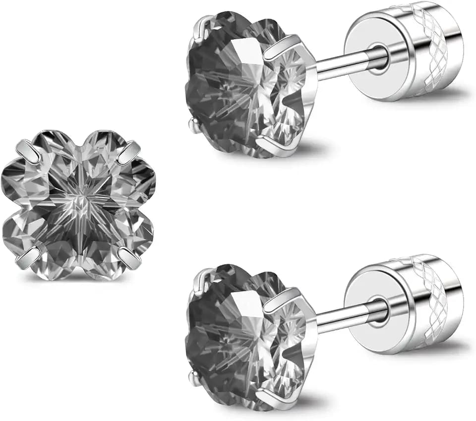 Four Leaf Clover Cubic Zirconia Stud Earrings for Men Women, St Patricks Day Stainless Steel Hypoallergenic Screw Back Earrings, Flat Back Stud Earrings, Rainbow Crystal Flower Jewelry Earrings for Birthday Party Daily Wear