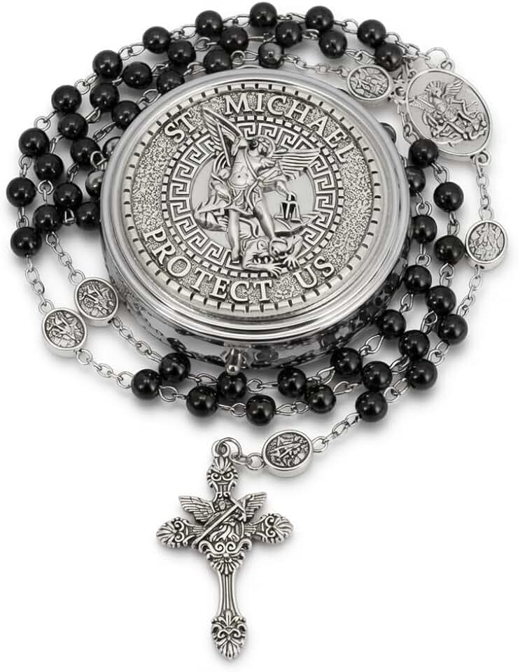 Nazareth Store St. Michael Rosenkranz Halskette mit Hämatit-Steinperlen, Metallperlen, Glory Beads, Erzengel-Medaille und Kreuz, mit Metall-Geschenkbox