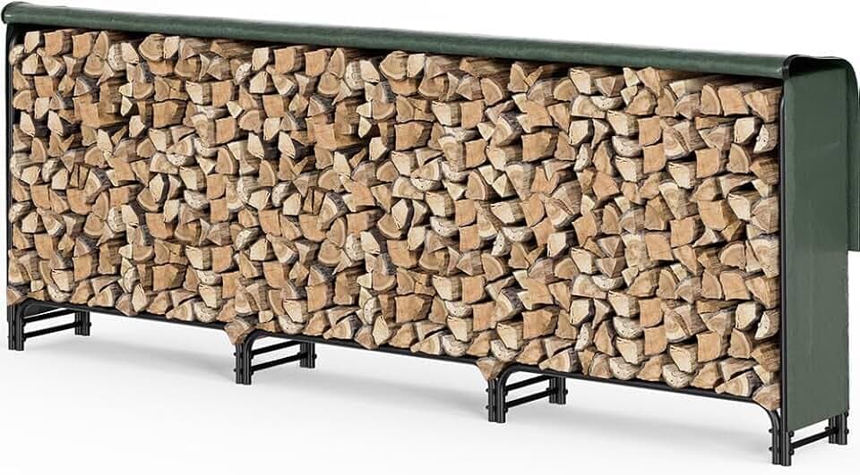 VOUNOT Kaminholzregal Aussen Metall, Brennholzregal Außen, Feuerholzregal Outdoor mit wasserdichte Abdeckung, 300 x 116 x 36 cm