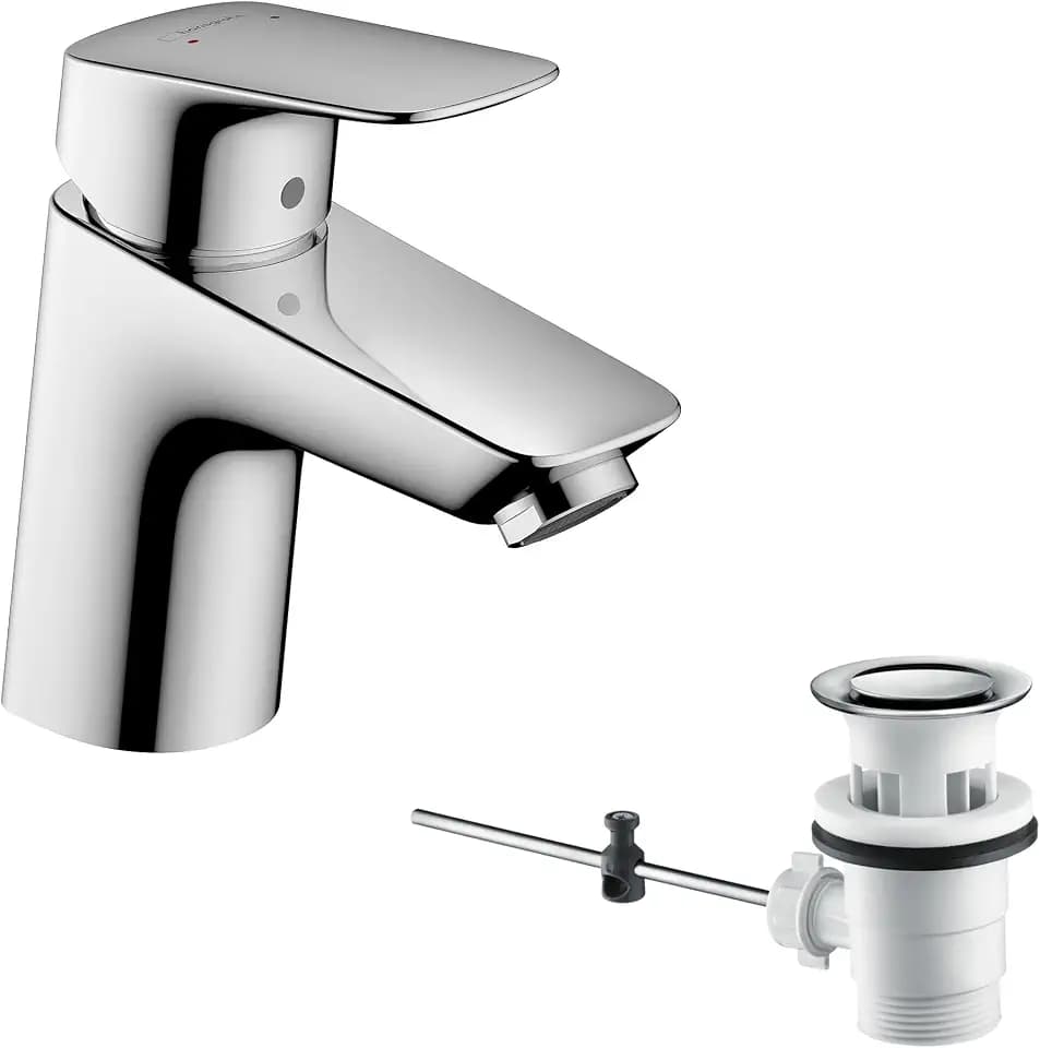 hansgrohe Logis - Waschtischarmatur mit Zugstangen-Ablauf, Wasserhahn Bad mit Auslauf Höhe 67 mm, Mischbatterie Waschbecken wassersparend (EcoSmart), Chrom, 71070000