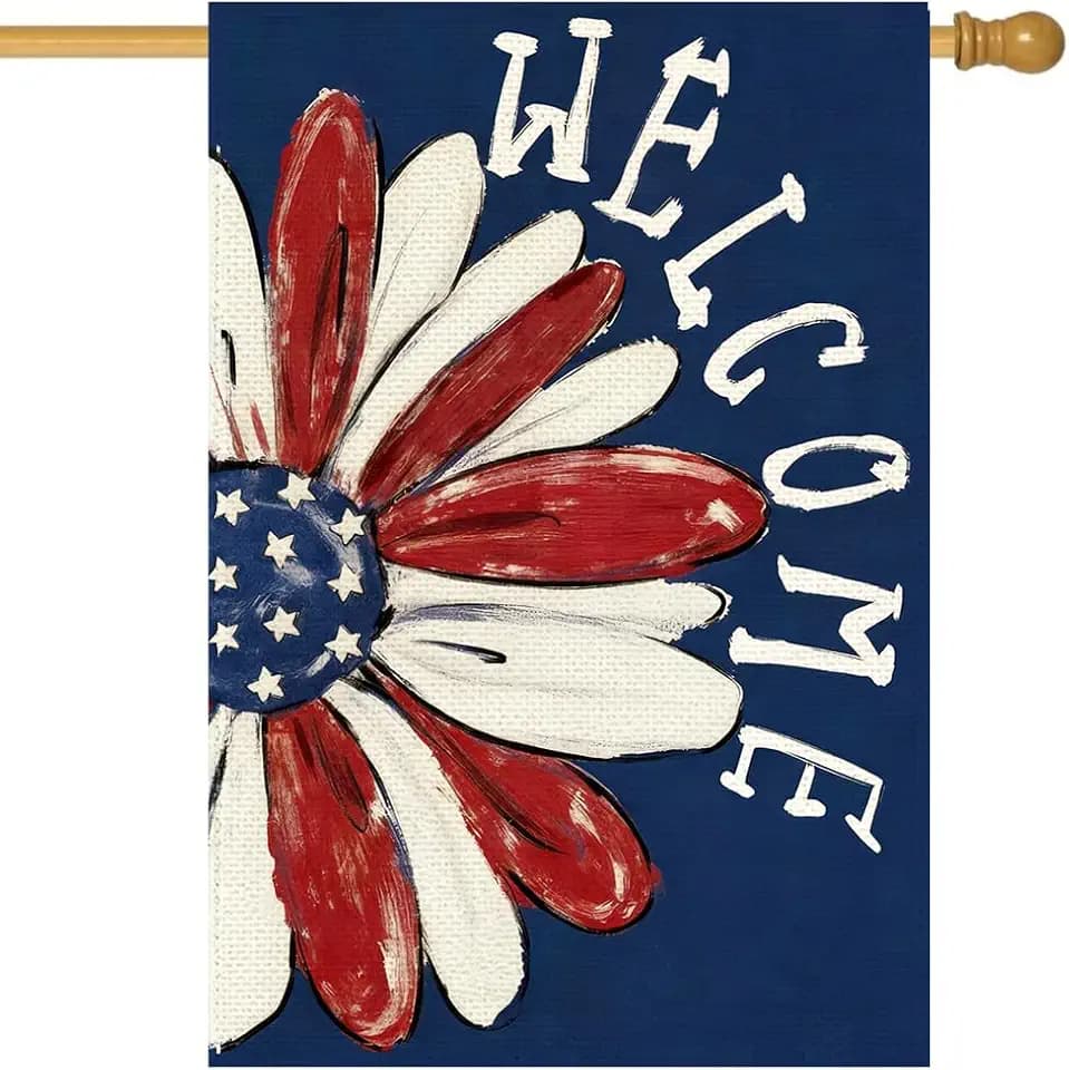 RABUSOFA Patriotic 4th of July House Flag 28x40 Inch Double Sided Outside, Red Blue and White Memorial Day Floral Welcome Daisy Yard Outdoor Decoration Large