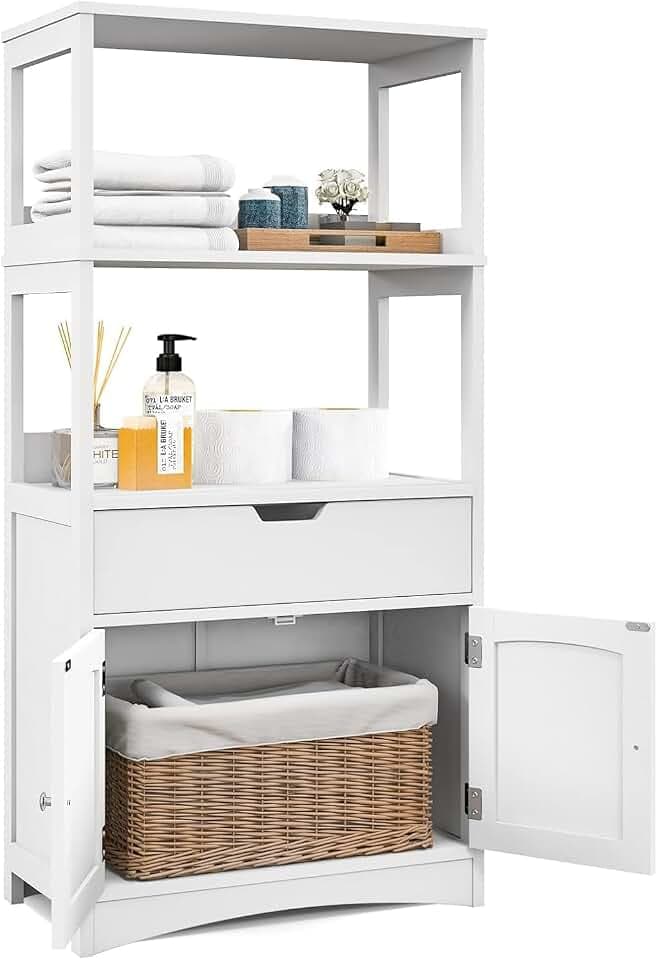 COSTWAY Freistehender Badezimmerschrank, Hochschrank für Bad mit 2 Türen & 3 offenen Regalen & Schublade, moderner Mehrzweckschrank Küchenschrank für Bad Küche Wohnzimmer (Weiß)