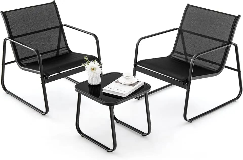 FANTASK 3-TLG. Balkonset aus atmungsaktivem Stoff, Gartenmöbel Set, Terrassenmöbel mit 2 Stühlen und Tisch für Terrasse und Balkon, Schwarz