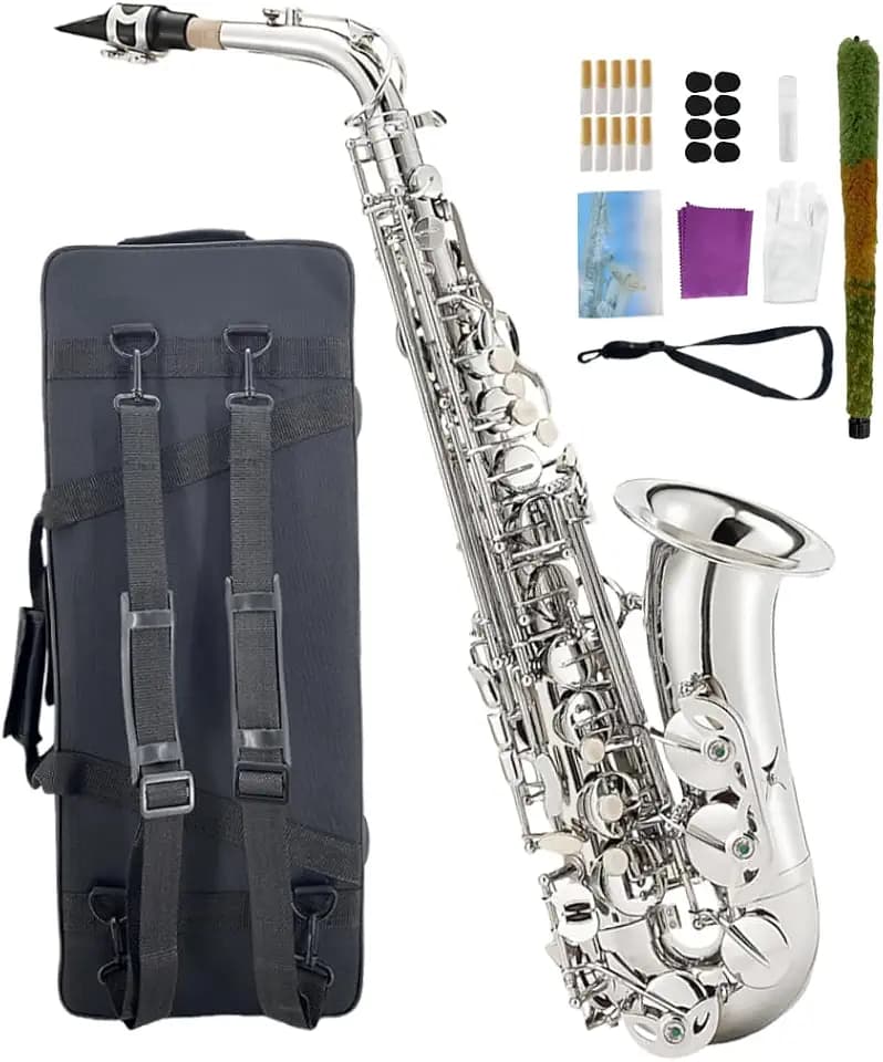 Beginner Alto Saxophone, E Flat - Complete Starter Kit with Case & 10 Reeds, for Adults & Students, Easy to Play for School Band & Practice(Nickel)