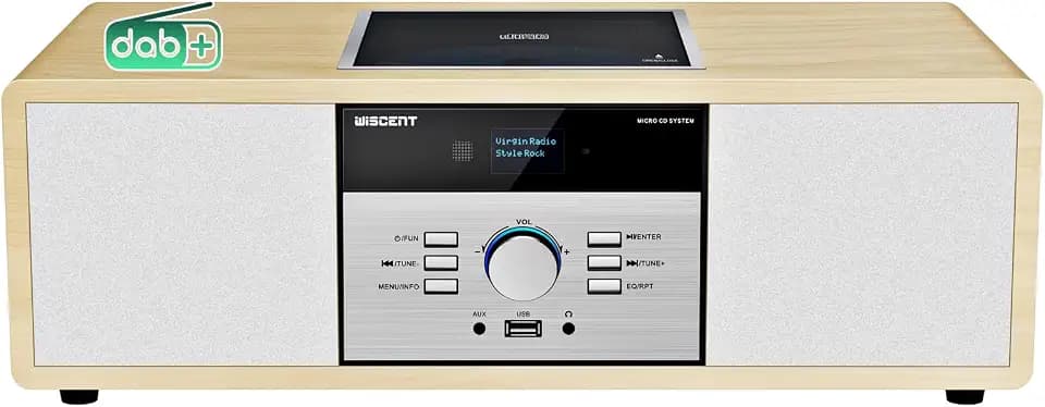 DAB Radio mit CD Player, Vintage-HiFi-Musiksystem aus Holz mit Bluetooth, DAB+, UKW-Radio, AUX- und USB-Eingang, Fernbedienung, Kompaktradio und Stereoanlage