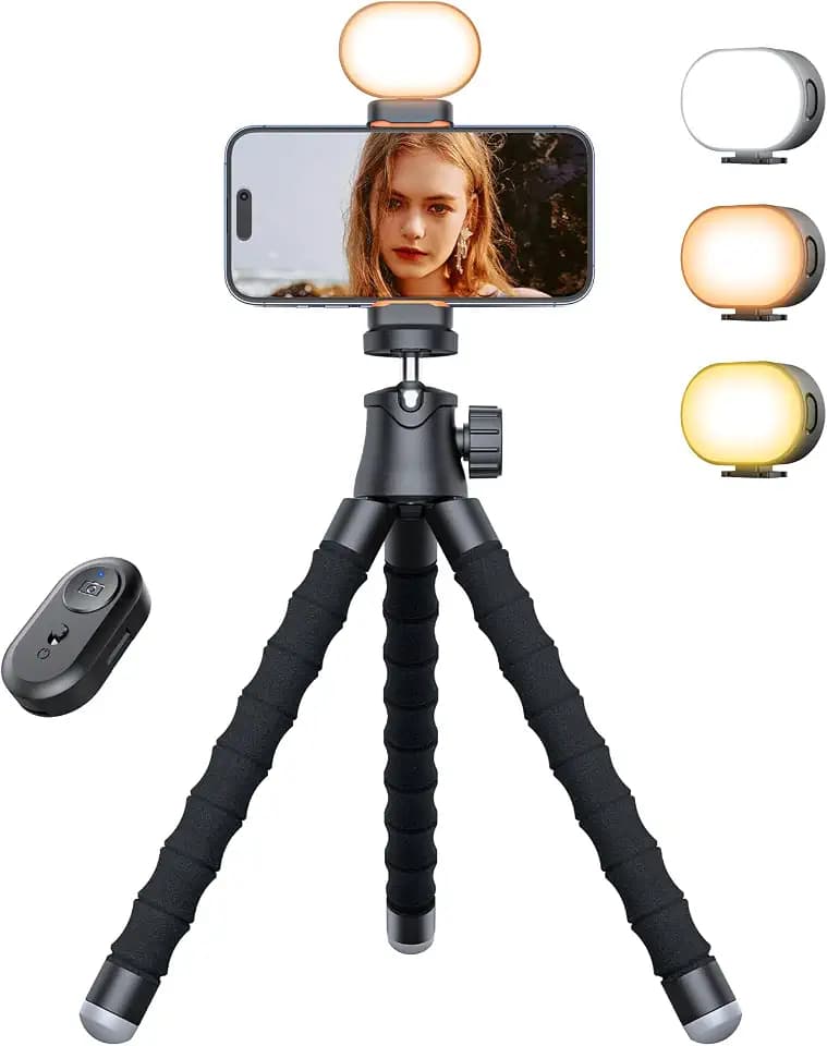 Pnitri Phone Tripod with Light & Remote, 360° Rotating for Travel Use