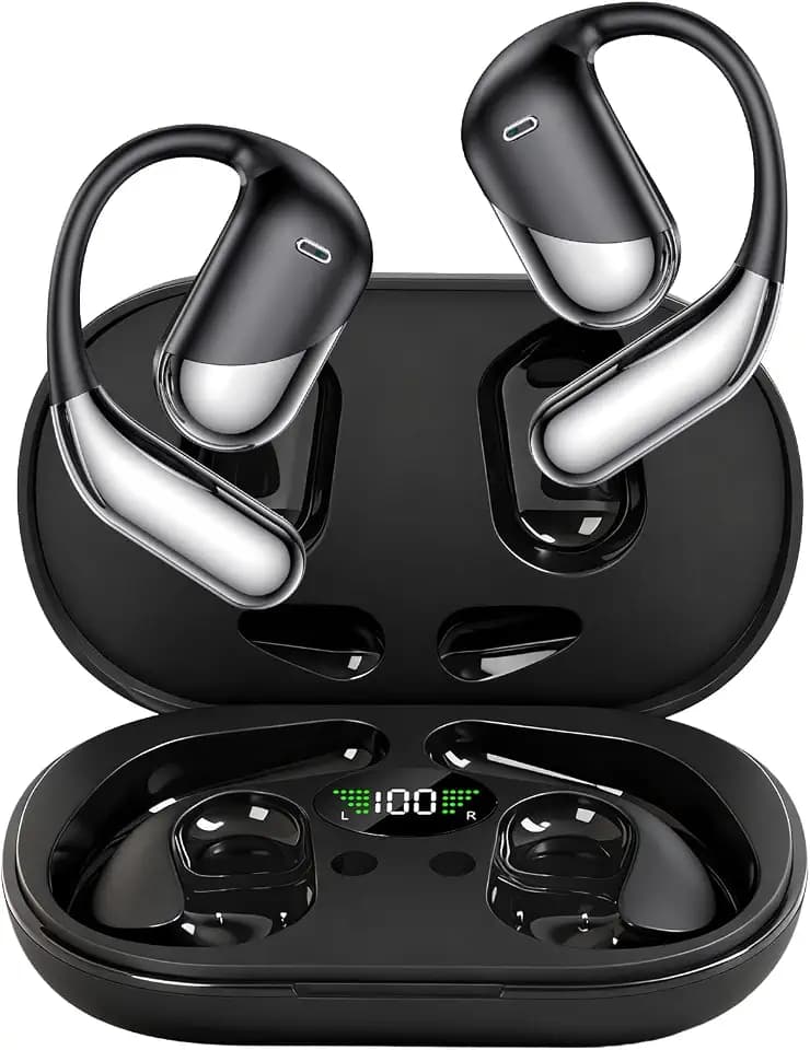 Open Ear Clip Wireless Earbuds Bone Conduction Headphones, Bluetooth Built-in Mic, Waterproof, LED Display Charging Case,Ear Hooks Ear Buds, Ultra-Comfort Design for Running/walking/office/sport gift