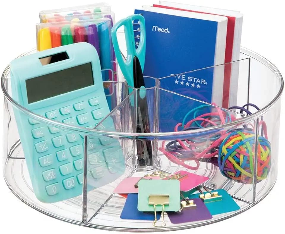 mDesign Lazy Susan Drehteller Büromaterialien Schreibtisch-Organizer mit Trennwänden für Scheren, Stifte, Haftnotizen - Farbig