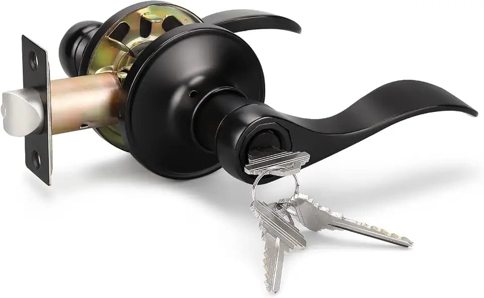 KNOBWELL 1 Pack Wave Style Door Lever Keyed Entry Door Lock Black Door Handles Leverset for Exterior/Interior Doors Matte Black, Reversible for Left/Right Handed