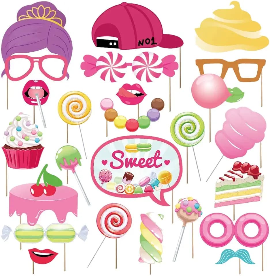 25Pcs Candy Land Photo Booth Props with Stick, Candyland Selfie Props, Candy Shop Party Supplies, Lollipop Birthday Theme Backdrop Decorations, Boy Girl First 1st Bday Baby Shower