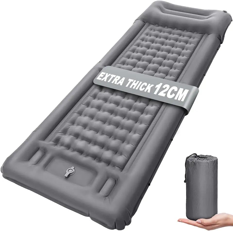Isomatte Camping 12cm, Luftmatratze mit Fußpumpe und Kissen, Outdoor