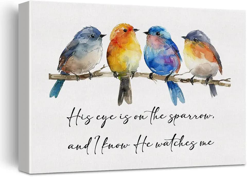 Christian Canvas Wall Art Decor His Eye Is on the Sparrow Birds Poster Bible Verse Print Picture Scripture Artwork Framed Religious Decor for Home, 11.3x14.9 Inches