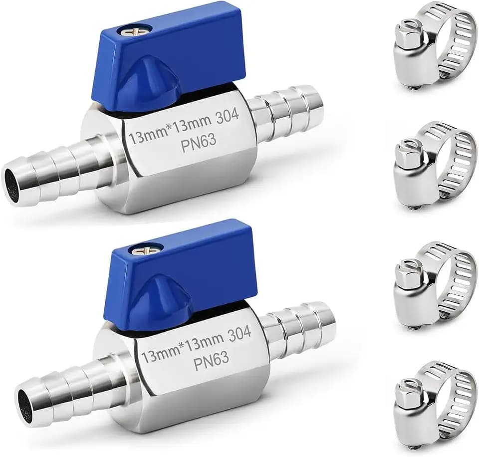 2Pack 1/2" Hose ID Barb Mini Ball Valve, 304 Stainless Steel Small Shut Off Valve with Clamps Kit for Water Oil Gas (1/2 Inch)