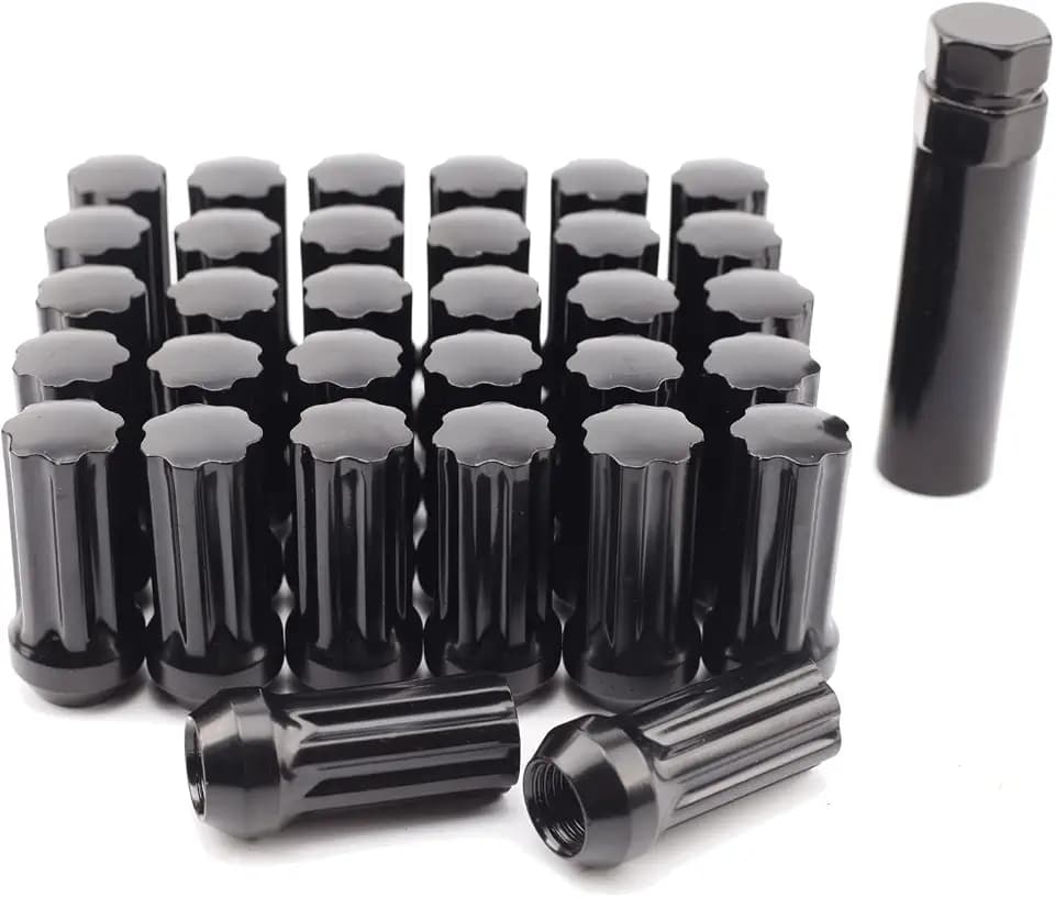 32+1 Black 7 Spline XL Lug Nuts M14x1.5 2" Closed End Conical Bulge Seat
