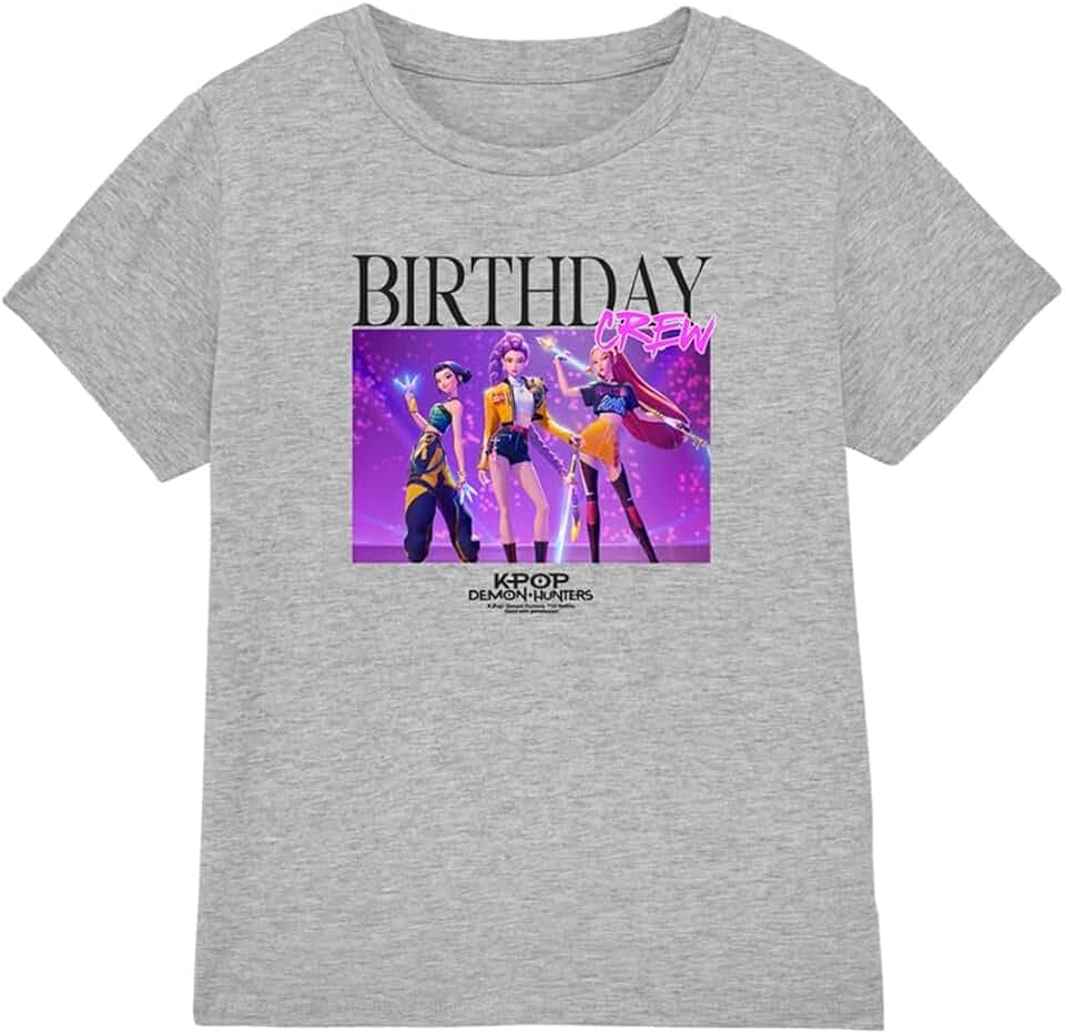 KPop Demon Hunters Unisex Kinder Kpop Demon Hunters Huntrix Birthday Crew Group Kids T Shirt, Athletic Heather T-Shirt (1er Pack)