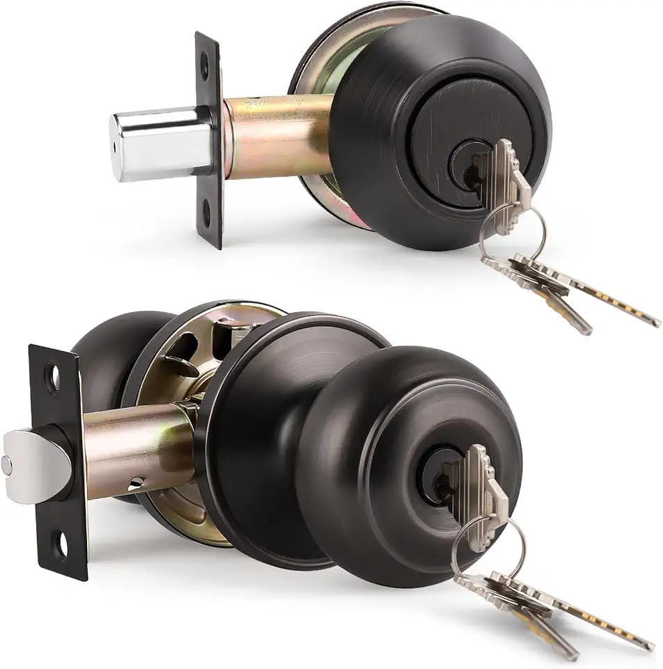 KNOBWELL Keyed Entry Door Knob and Single Cylinder Deadbolt Combo Set, Exterior Door Knobs for Entrance and Front Door, Keyed Alike Knob and Deadbolt, Oil Rubbed Bronze, 1 Pack