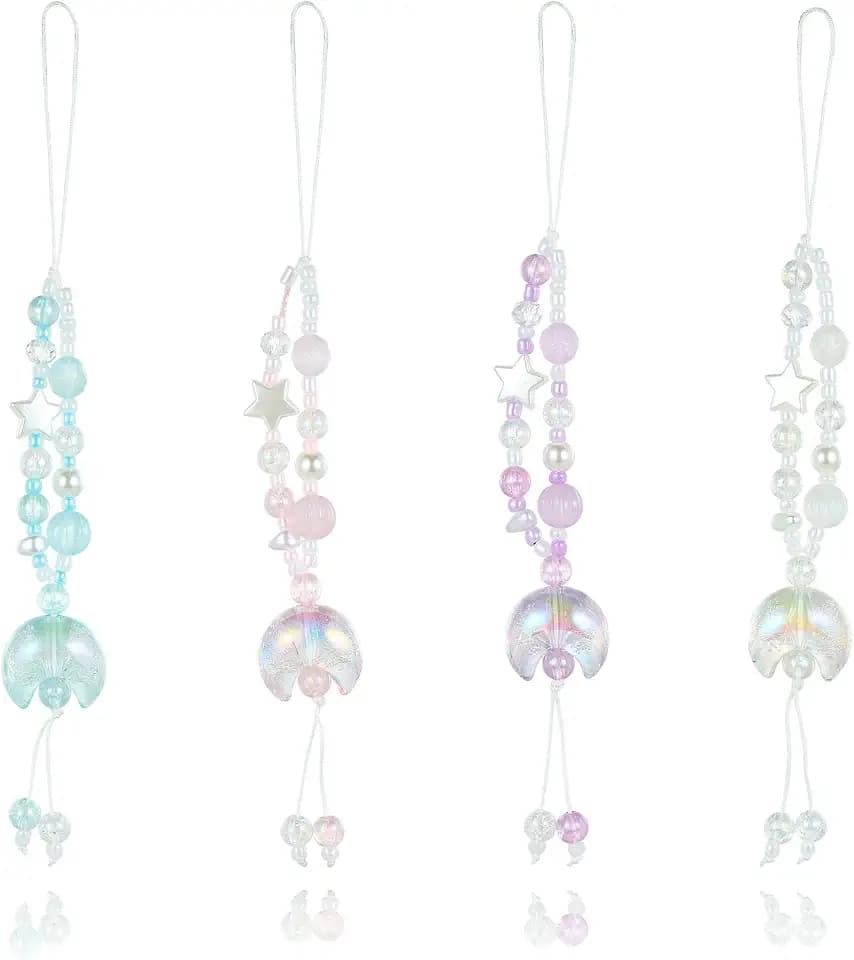BEEFLYING 4Pcs Acrylic Beaded Moon Star Phone Charm Straps, for Cellphone Keychain Bags Cameras Earphones Decorations, 4 Colors