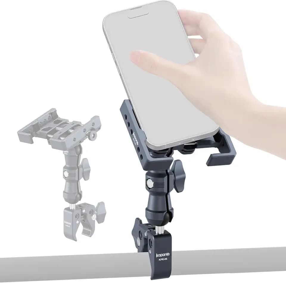 Anti-Shake Motorcycle Phone Holder, Super Clamp Fits 0.5"-2" Diameter Bars, 25mm Ball Head & Double Socket Arm, 360° Rotatable, Universal for iPhone/Samsung/Android Phones Width 2.56"-3.74" (KPS-14)