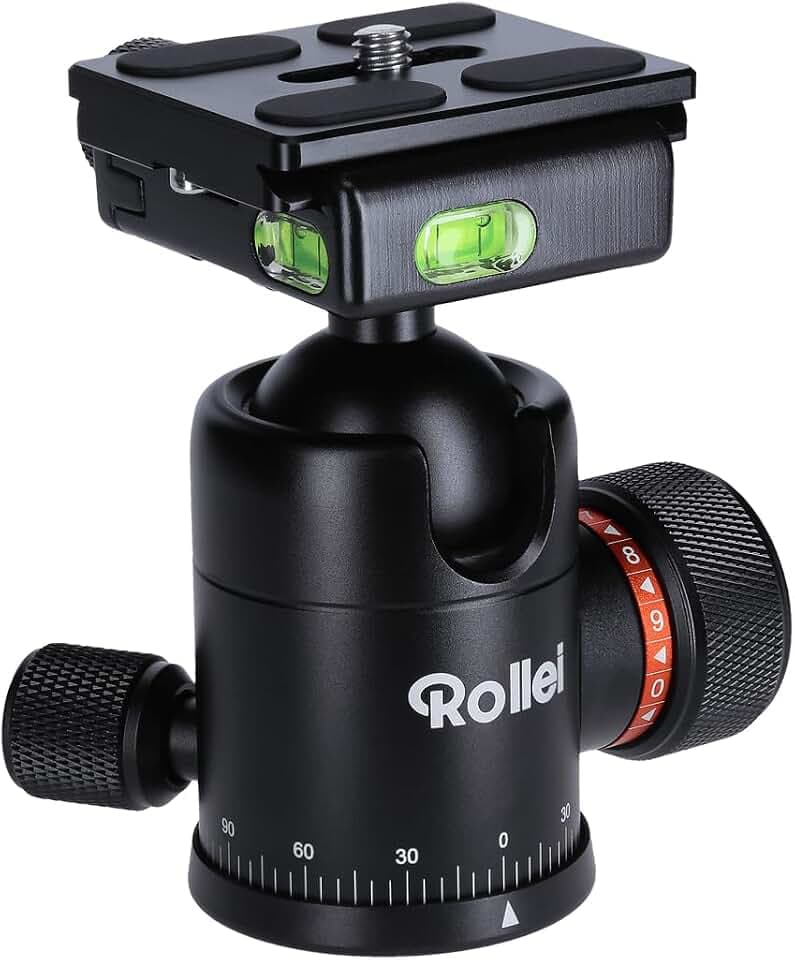 Rollei Stativ Kugelkopf für C5i Stativ, professioneller 360 Grad Stativkopf mit Friktion, 8 KG Tragkraft und 3 Wasserwaagen.Inkl. Acra Swiss Schnellwechselplatte