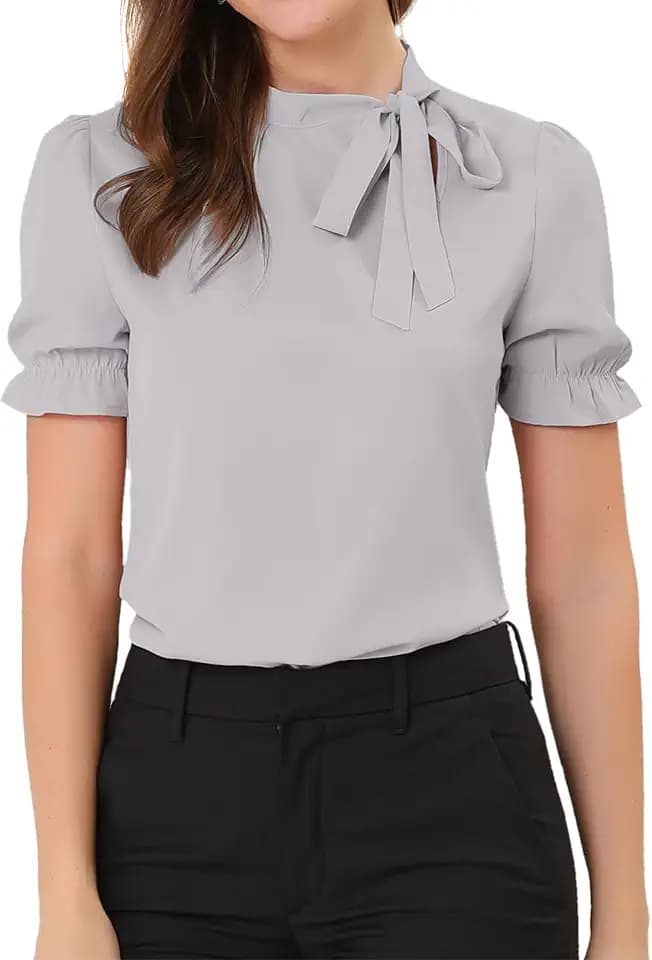 Allegra K Women's Bow Tie Neck Tops Elegant Office Short Sleeve Blouse