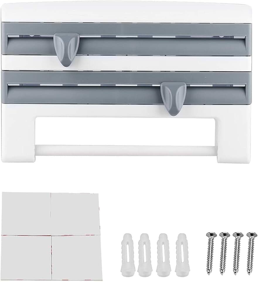 Plastic Wrap Dispenser with Cutter for Aluminum Foil Cling Film Kitchen Paper Towel Holder Wall Mount Wrap Organizer with Cutter Plastic Wrap and Aluminum Foil Dispenser(Gray Blue)