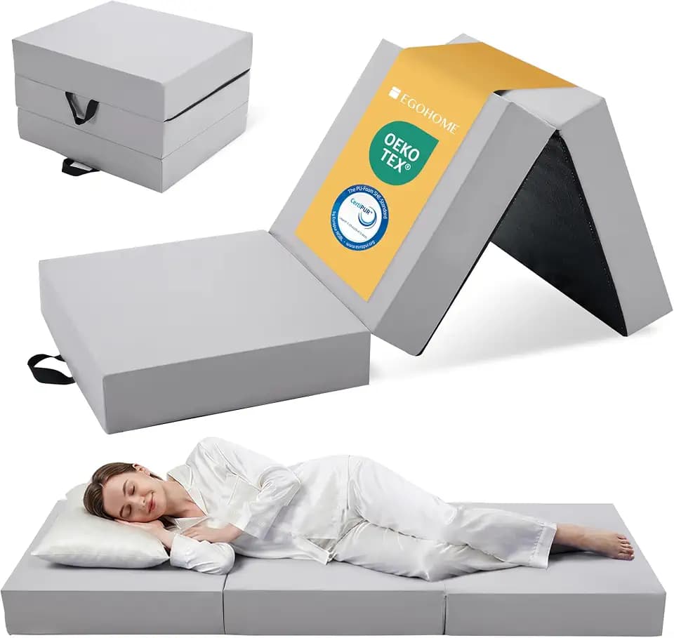 EGOHOME Klappmatratze 195x65x15 cm, 3-teilige Gästematratze mit Bambus-Memory-Schaum & Härtegrad H3, vielseitige Campingmatratze & Bodenmatte, Reisematratze, Grauer Bezug