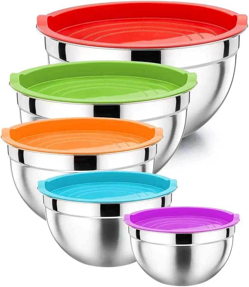 HaWare Rührschüssel-Set, 5 Stück, 100 % Edelstahl, stapelbare Metallschüsseln mit luftdichten Deckeln, Skalenmarkierungen, Backen, zur Aufbewahrung von Lebensmitteln