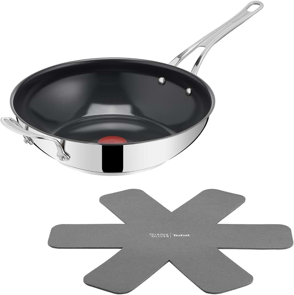 Tefal Jamie Oliver Classic Cook Wokpfanne 30 cm, inkl. Pfannenschoner, antihaftbeschichtete Keramikoberfläche, Thermo-Signal, für alle Herdarten, Edelstahl, H8819355