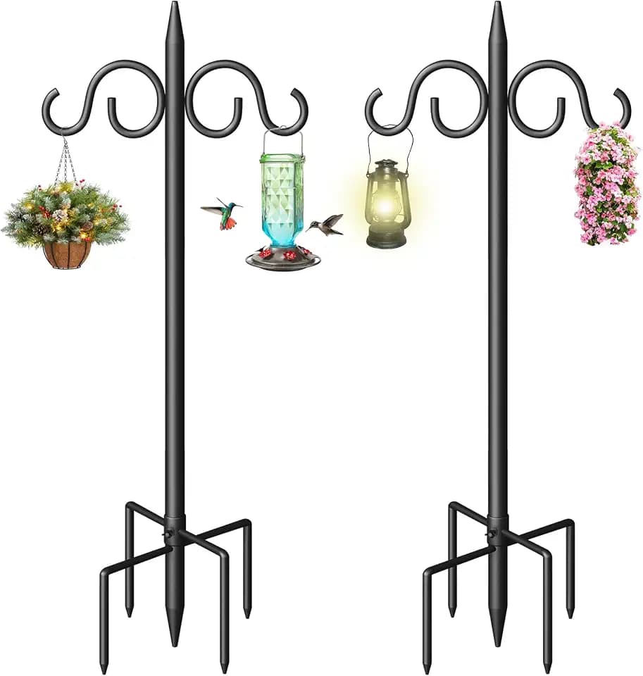 Double Shepherds Hooks for Outdoor, 108 Inch Heavy Duty Bird Feeder Pole with 5 Prongs Base, Adjustable Shepherds Hook for Bird Feeder, Garden, Weddings, Hanging Plant, 2 Pack