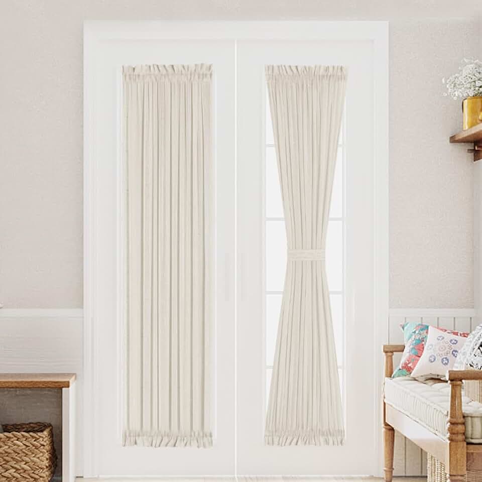 Turquoize Elegant Linen French Door Curtains Light Filtering Curtain Panels Rod Pocket Linen Panel for Glass Door with Tie-Back Privacy Assured Semi Sheer Panel, 25" W by 72" L, 2 Panels, Natural