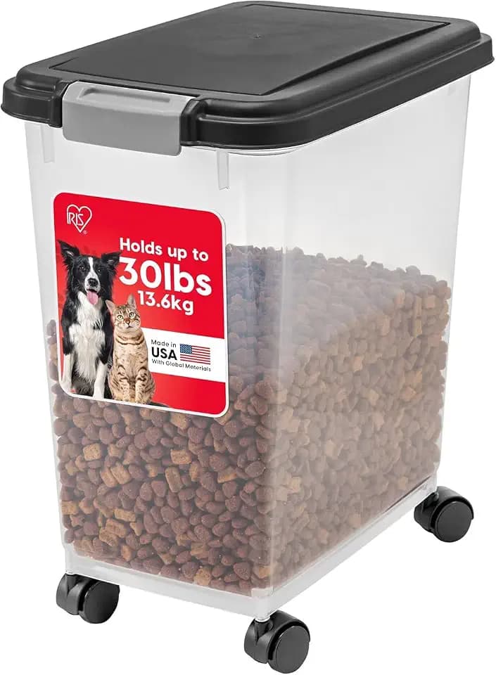 IRIS USA Airtight Pet Food Storage Rolling Container, 30 lb Capacity, Black