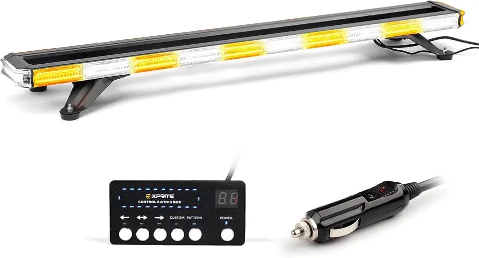 Xprite 42 inch 330 LED Rooftop Strobe Light Bar Heavy-Duty Flashing Warning Lights w/Adjustable Mounting Brackets, for Construction Vehicles Towing Work Trucks Plows Pickup - White Amber
