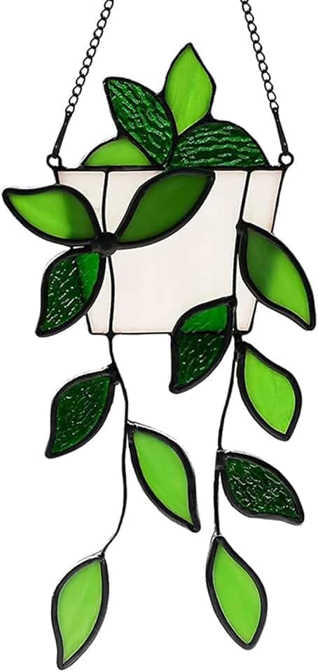 Buntglas Fensterhängende Pflanze,Handgefertigte Grüne Kunstpflanze Buntglas Fenster Sonnenfänger für Drinnen und Draußen Dekoration, Geschenk für Pflanzenliebhaber (Green Leaf)