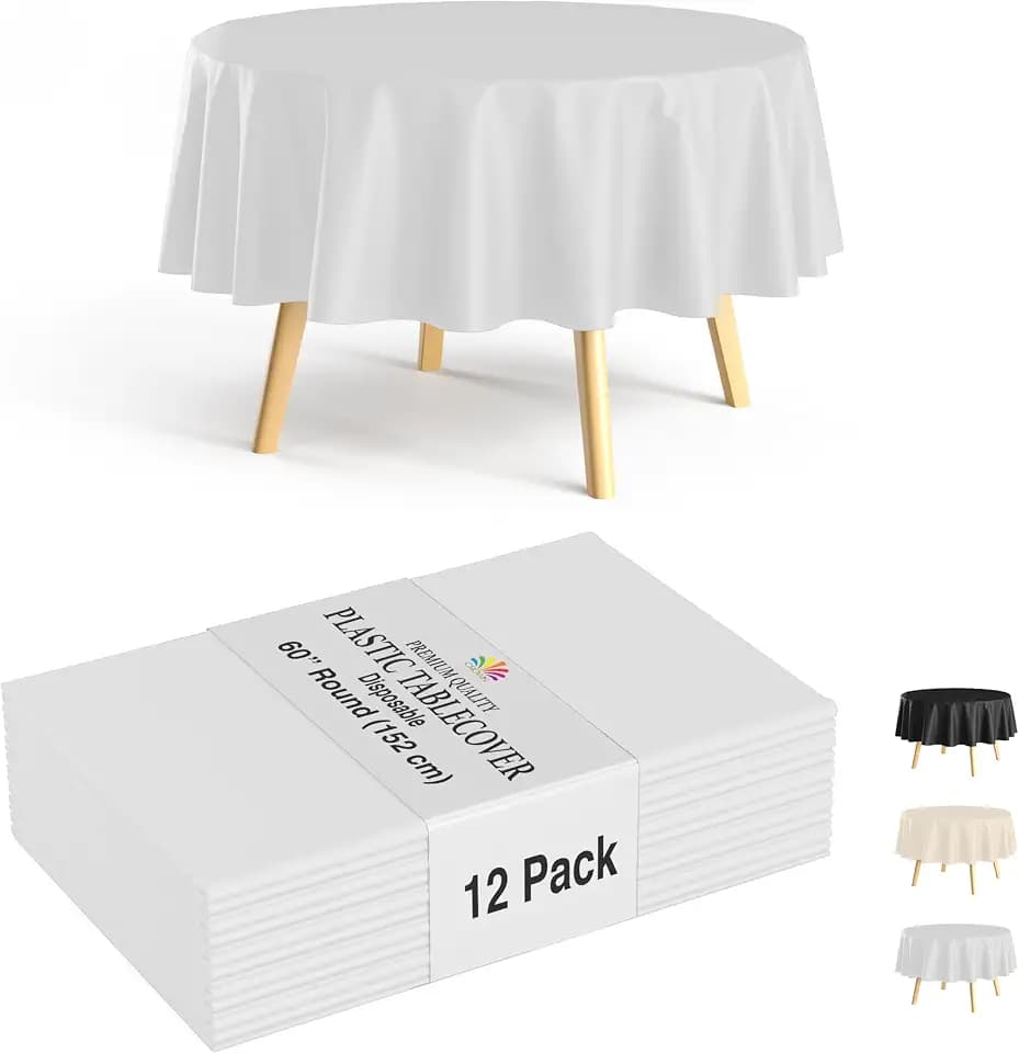 Party Solids 12-Pack White Round Plastic Tablecloth Disposable – Size: 60 Inches – Round Plastic Table Cloths for Parties, Picnics & Formal Events