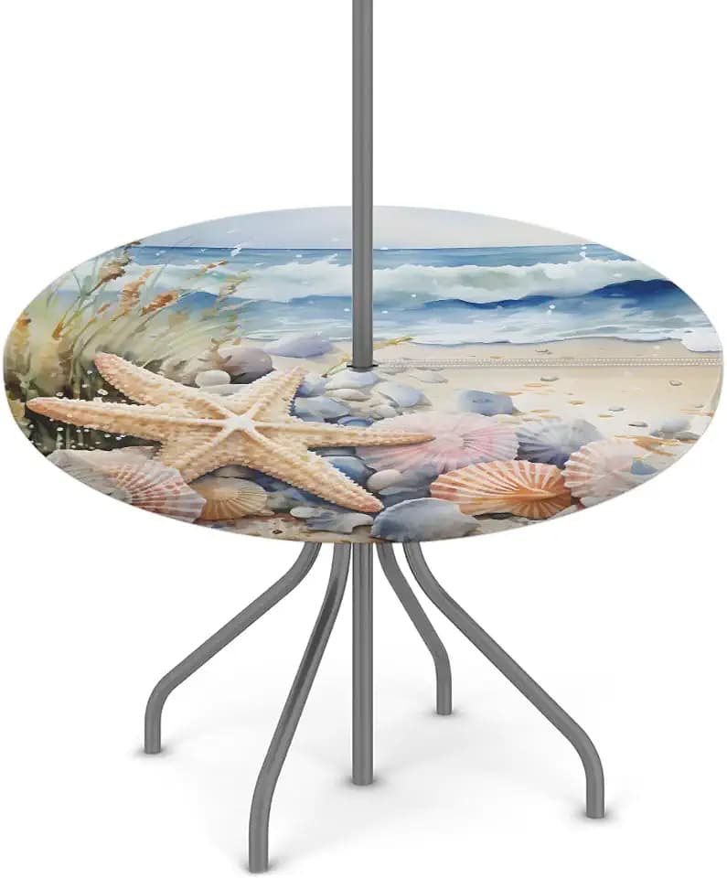 OSAM SPACE Outdoor Tablecloth with Umbrella Hole, Round Elastic Fitted Table Cloth with Invisible Zipper, Beach Starfish Picnic Patio Table Cover 36-44in