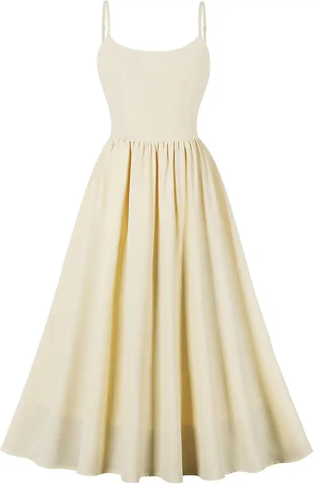 Odizli Sommerkleid Damen Lang Elegant Vintage Sommer Spaghettiträger Trägerkleid Blumenkleid Boho Style Midi Kleid Festlich Hochzeit Hochzeitsgast Cottagecore Milkmaid Dress Freizeitkleid Gelb XL