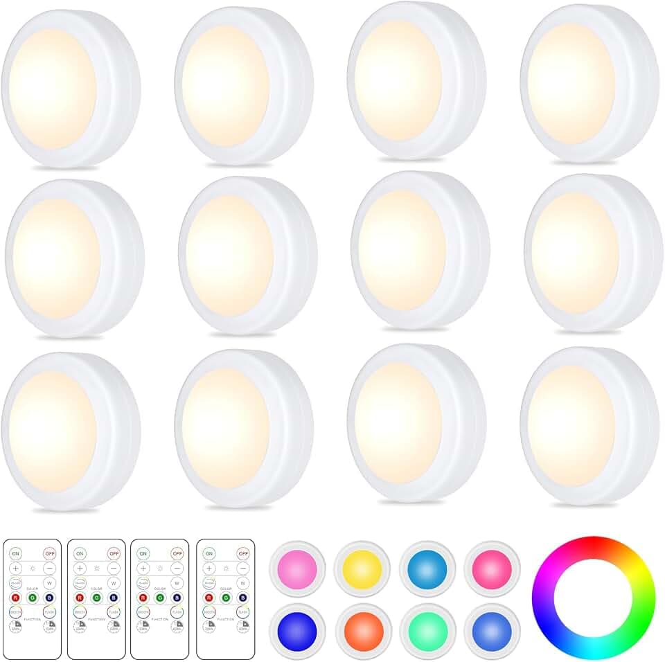 Yiliaw 12 Pack LED Puck Lights Remote Control 16 Color Changeable Under Cabinet Lights, Battery Operated Lights Night Light with Dimmer & Timmer for Closet Bedroom Kitchen, White