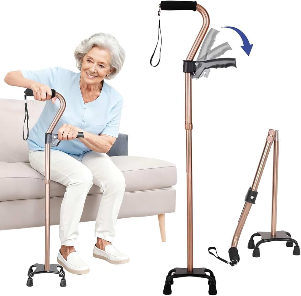 Stand Secure Cane with Stand Up Assist Handle for Elderly, 4 Prong Adjustable Walking Canes for Seniors Women and Men, Non-Slip Wide Base, Aluminum Foldable Stand Cane