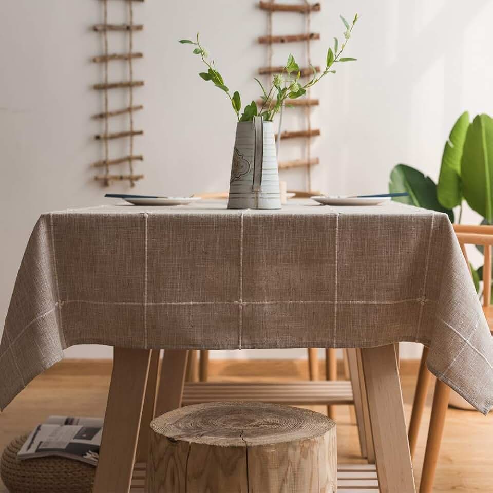 Leinen Tischdecke Baumwolle 250x135cm Braun Tischdecke Leinen | Leinenoptik Tischdecke Abwaschbar Table Cloth Boho Tischdecken Rechteckig für Küche und Outdoor Tischtuch