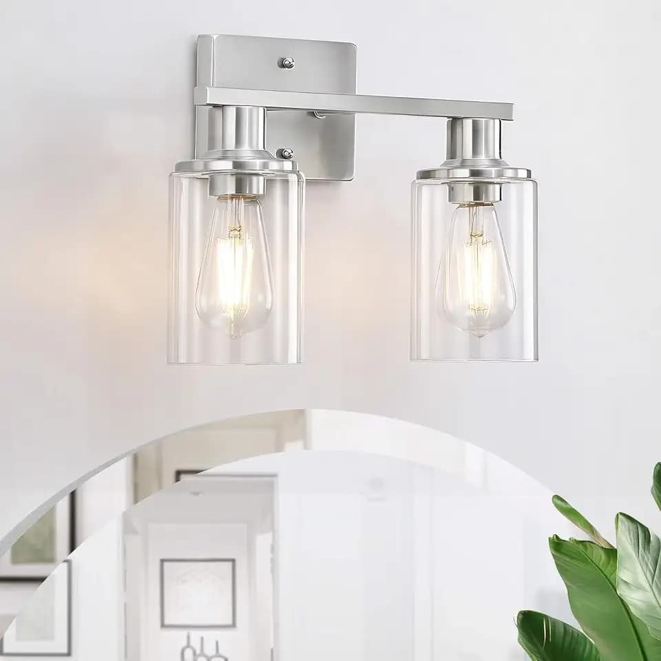 2-Light Brushed Nickel Bathroom Vanity Light Fixture Over Mirror